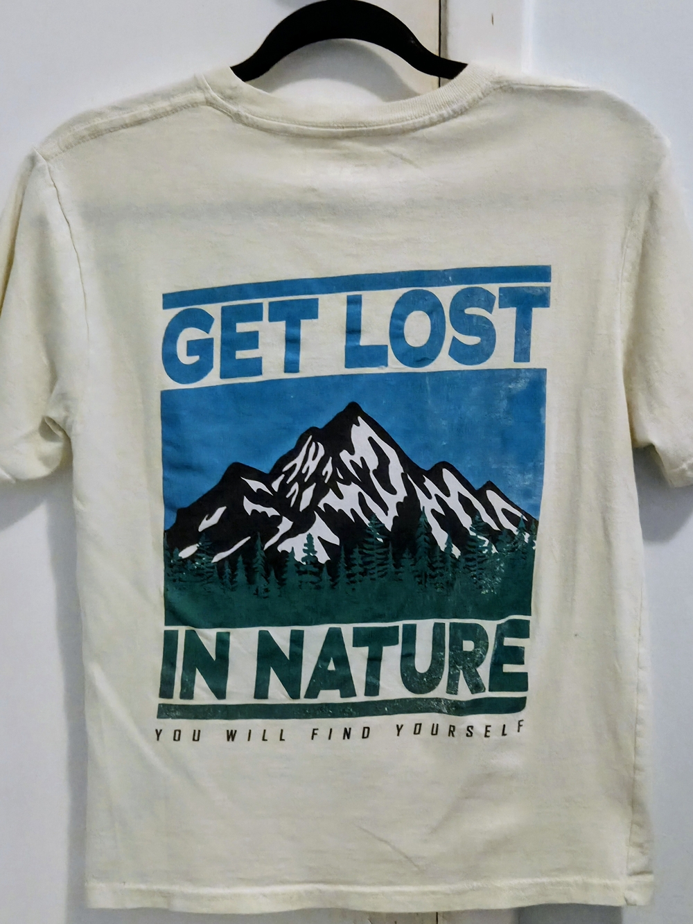 Cream Graphic Tee with Blue & Green Mountain Print